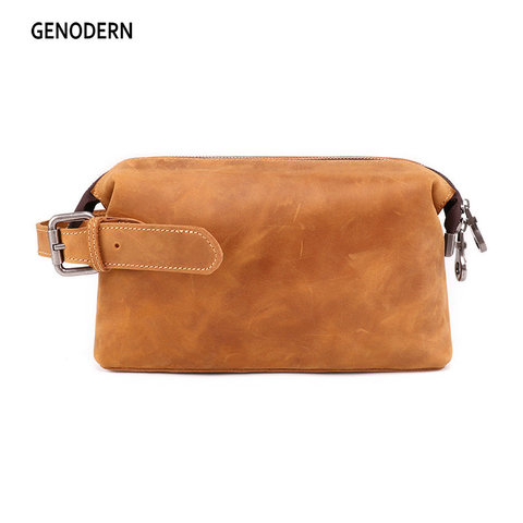 GENODERN Vintage Men Cosmetic Bag Case Crazy Horse Leather Make Up Bags Travel Toiletry Wash Bag Men Handbag Clutch Bag ► Photo 1/6