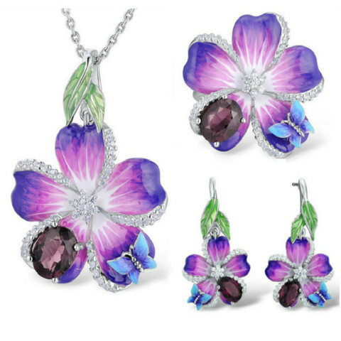 Elegant Butterfly Flower Silver Enamel Jewelry Sets for Women Beautiful Red Stone Wedding Pendant Necklace Ring Earrings Sets ► Photo 1/6