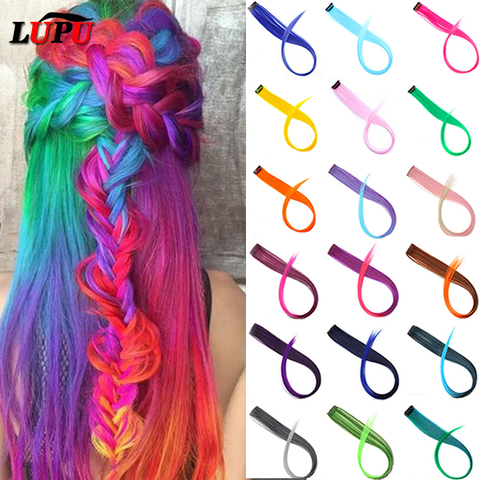 LUPU Long Straight Hair Extensions One Clip in One Piece Colored Highlight Rainbow Pink Purple Synthetic Hair Strands On Clips ► Photo 1/6
