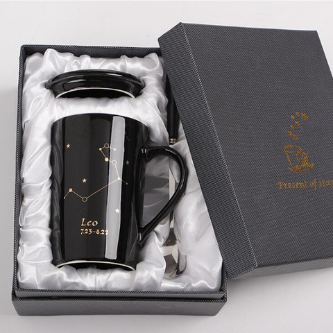 With Gift Box 12 Constellations Creative Ceramic Mugs with Spoon Lid Black and Gold Porcelain Zodiac Milk Coffee Cup 400ML Water ► Photo 1/5