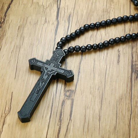 Large Wood Catholic JesusMens Cross With Wooden Bead Carved Rosary Pendant Long Collier Statement Necklace ► Photo 1/6
