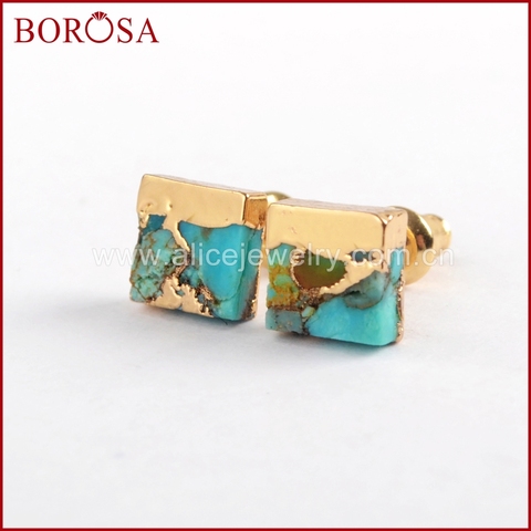 BOROSA 1Pair Natural Stone Earrings for Women Fashion Square Natural Turquoises Stud Earrings Women Geometric Earrings G1648 ► Photo 1/6