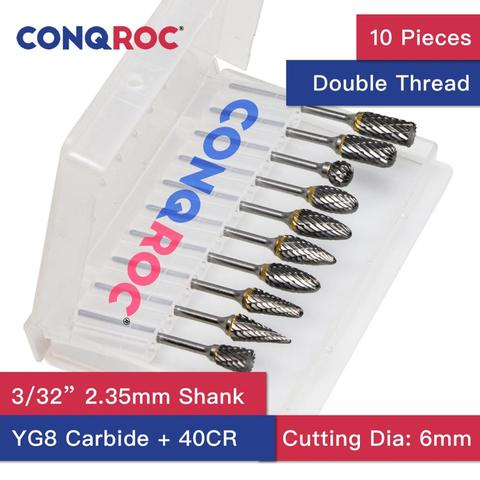 10 Pieces 6mm Cutting Dia Carbide Milling Cutters Set Double Thread Rotary Burrs 3/32