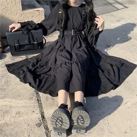 QWEEK Punk Dress Goth Women Streetwear Gothic Japanese Harajuku Kawaii Cute Dress Midi Long Sleeve Black Emo Dress 2022 Cosplay ► Photo 1/6