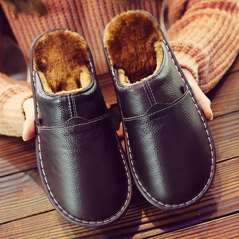 Men Home Slippers for Winter Warm Plush Slippers women Bedroom Genuine Leather Unisex man House Indoor Shoes Large size 11 ► Photo 1/6
