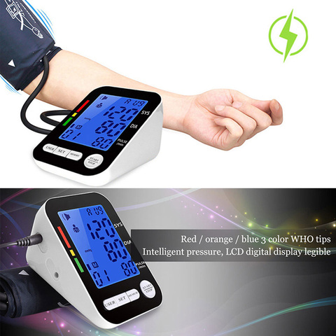 USB Rechargeable Upper Arm Blood Pressure Monitor Pulse Gauge Meter BP Heart Beat Rate Tonometer Digital LCD Sphygmomanometer ► Photo 1/6