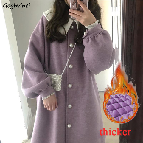 Wool Women Purple Winter Long Coat Kawaii Japanese Style Student Ruched Lantern Sleeve Sweet Harajuku All-match Streetwear Girls ► Photo 1/6