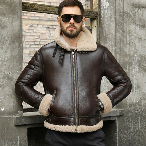 New Mens B3 Shearling Jacket Short Motorcycle Jacket Genuine Leather Jacket Mens Winter Coats Thicken Sheepskin Coat ► Photo 1/6