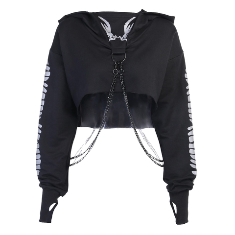 Women Gothic Reflective Print Hoodies Crop Top Pullover Sweatshirt Jumpers with Detachable O-ring Chain ► Photo 1/5