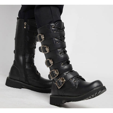 Men's Leather Motorcycle Boots Mid-calf Military Combat Boots Gothic Belt Punk Boots Men Shoes Tactical Army Boot 2022 ► Photo 1/5