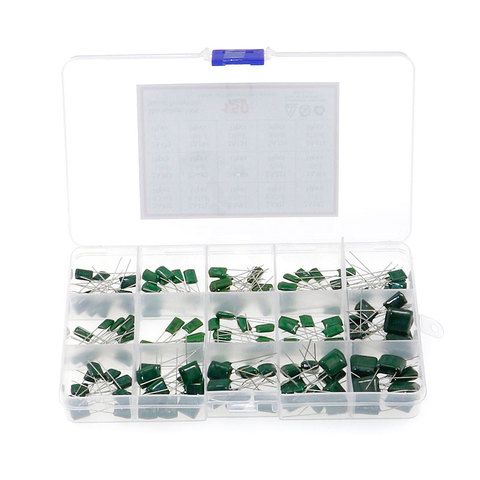 150pcs/Box 15 Values Mylar Polyester Film Capacitor Assortment Kit 0.22NF to 470NF / 100V with Plastic Case DIY ► Photo 1/1
