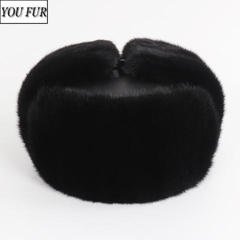 Hot Sale Men Quality 100% Natural Mink Fur Hat Winter Man Super Warm Real Mink Fur Cap Male Real Sheepskin Leather Bomber Hats ► Photo 1/6