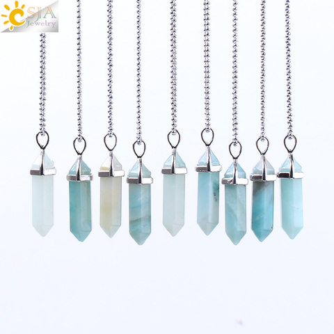 CSJA Hot Sale Hexagonal Column Necklaces Natural Stone Amazonite Pendant Two Sharp Angle Quartz Beads for Women Men Jewelry F185 ► Photo 1/6