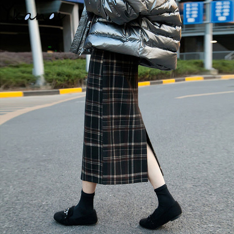 Plus Size High Waist Midi Long Wool Plaid Skirt For Women Winter Warm Wool Elegant Office Lady Vintage Skirt Autumn Maxi Skirts ► Photo 1/6