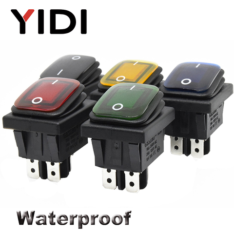 16A 250VAC KCD4-201 Waterproof Rocker Switch 12V 220V Red Green Blue Yellow Light Illuminated DPST Switch 4pins on off ► Photo 1/6