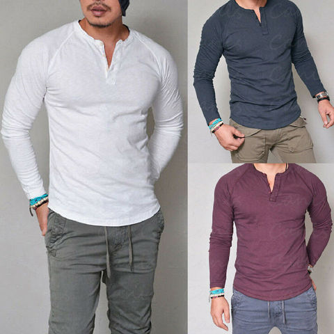 Summer Men's Slim Fit V neck Short T-shirts Casual Tops Solid Long Sleeve Muscle Tee Daily wear Tops ► Photo 1/6