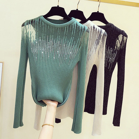 LJSXLS Diamonds Thin Knitted Sweater Female Hollow Out Sweaters Women 2022 Autumn Sexy Tops Bright Wire Pullover Woman Clothes ► Photo 1/6