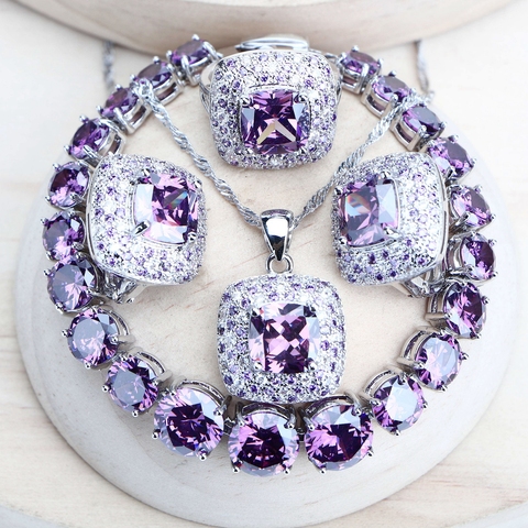 Purple Zirconia Women Bridal Jewelry Sets Silver 925 Fine Costume Jewellery Wedding Earrings Rings Bracelets Pendant Necklace ► Photo 1/6