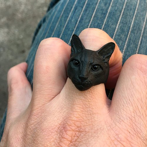 New Cute Adjustable Big Head Cat Rings Black Color Antique Silver Plated Men Fashion Animal Kitty Cat Rings Women ► Photo 1/2