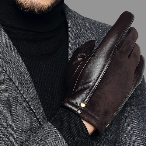 Genuien Leather Male Gloves Autumn Winter Thicken Warm Driving Sheepskin Gloves Man Black Casual Leather Gloves TU2801 ► Photo 1/6