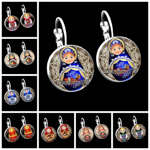 Cute Matryoshka Women Stud Earring Lovely Russian Doll 15mm Glass Cabochon Girl Earrings Gift for New Year and Christmas ► Photo 1/6
