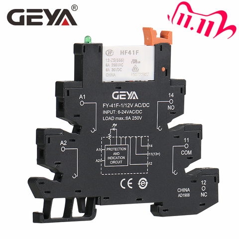 GEYA Slim Relay Module Protection Circuit 6A Relay 12VDC/AC or 24VDC/AC OR 230VAC Relay Socket 6.2mm thickness ► Photo 1/6