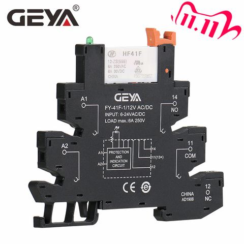 GEYA Slim Relay Module Protection Circuit 6A Relay 12VDC/AC or 24VDC/AC OR 230VAC Relay Socket 6.2mm thickness ► Photo 1/6