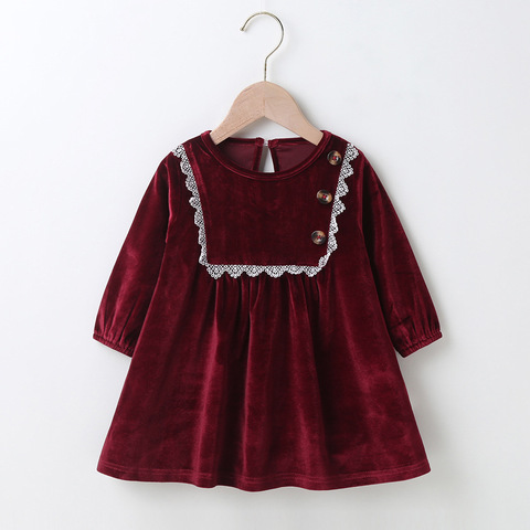 Winter 2022 Girls Dress Girls Cute Velvet Long Sleeve White Lace Claret Dress Cute Dress Vestidos 0-24M ► Photo 1/6