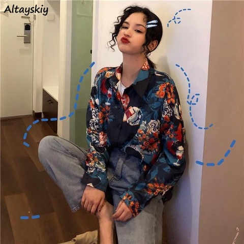 Blouses Shirts Women Long Sleeve Print Ulzzang Cat Turn-down Collar Students Designed Womens Korean Style with Buttons Chiffon ► Photo 1/6