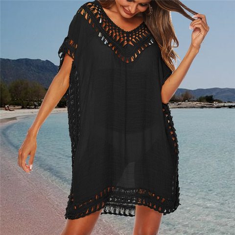 Sexy Women Loose Beach Dress Tunic Solid Bikini Cover UP Swimsuit Beachwear Swimwear Hollow Out Beach Dress Robe De Plage ► Photo 1/6