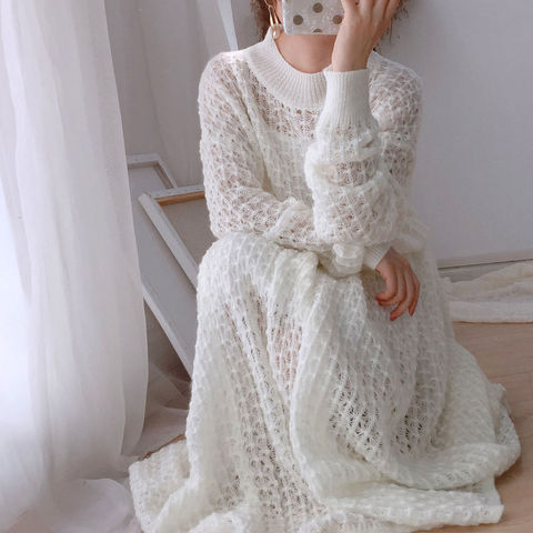 New Sweater Suit Skirt White Kawaii Loose Hollow Knitted Two-Piece Knitted 2 Pieces Set 2022 Women Office Lady Pullovers Sweater ► Photo 1/6