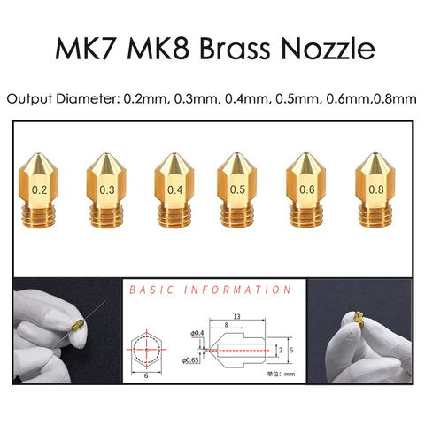 MK7 MK8 Nozzle 0.4mm 0.3mm 0.2mm 0.5mm Copper 3D Printers Parts Extruder Threaded 1.75mm 3.0mm Filament Head Brass Nozzles Part ► Photo 1/6