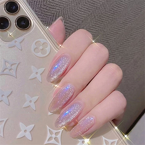 24Pcs Almond False Nails with Glitter Powder Pink French Fake Nails  Rhinestones Design Press on Nails Wearable Stiletto Nails