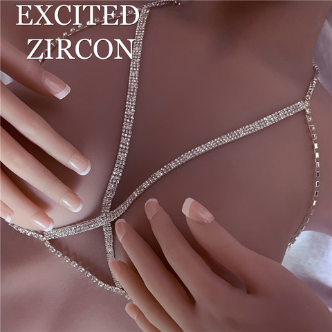Rhinestone Necklace Harness Chest Body Chain Beach Bikini Bra Jewelry  Crystal