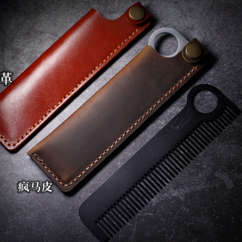 EDC Stainless Steel Comb with Hand Made First Top Layer Cowhide Vegetable Tanned Leather Survival Outdoor Multifunction Pocket ► Photo 1/5