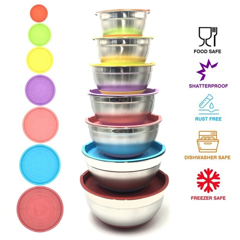 Colorful 304 Stainless Steel Salad Bowl With Lid Non-slip Silicone Bottom Kitchen Egg Mixing Bowls Set For Cooking Baking ► Photo 1/6