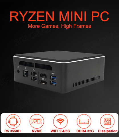 Eglobal Mini PC AMD Ryzen 7 2700U 5 3550H Vega Graphic 2 * DDR4 M.2 NVMe Computer Windows 10 3x4K Type-c HDMI2.0 DP AC WiFI ► Photo 1/6