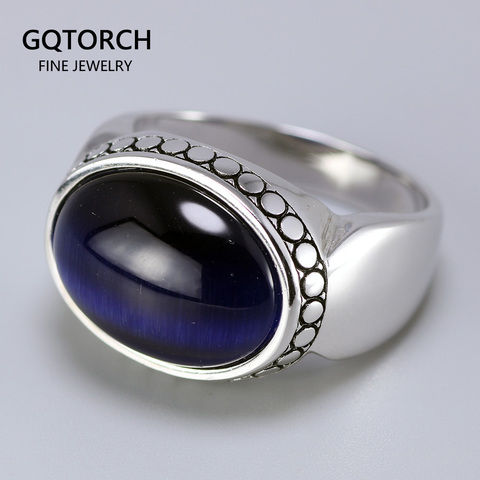Real Pure 925 Silver Jewelry Blue Tiger Eyes Rings For Men And Women Oval Shape Natural Stone Simple Design Turkey Jewelry ► Photo 1/6