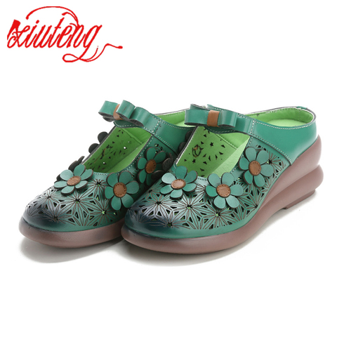 Xiuteng  Spring  Handmade Cow Leather Women's Shoes Wedges  Ethnic Style Flower Hollow Female Slippers Summer Breathable Sandal ► Photo 1/6