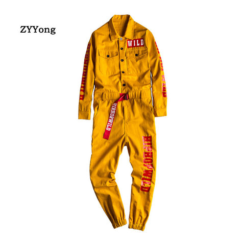 Men's Jumpsuit Letter Print Beam Feet Jogging Cargo Pants Multi Pocket Hip Hop Workwear Yellow Loose Overalls Freight Trousers ► Photo 1/6