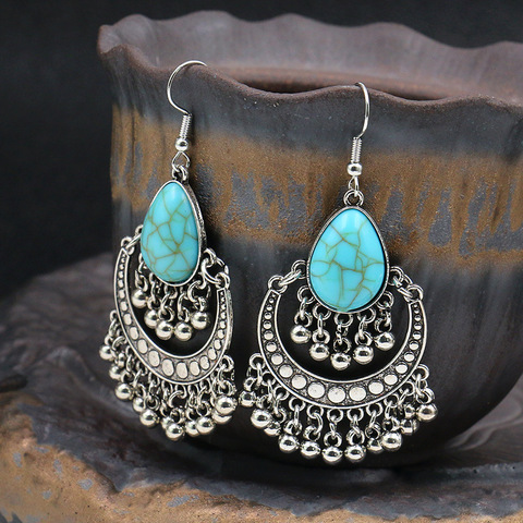 Bohemia Silver Color Tassel Earrings Womens 2022 Gypsy Turquoises Stone Bead Dangling Earrings Turk Jewelry Jhumka Earrings ► Photo 1/6