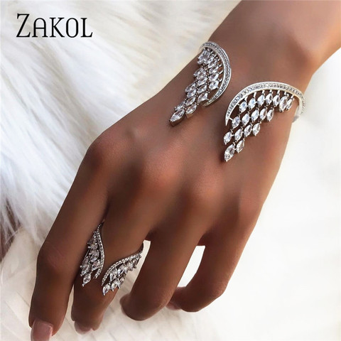 ZAKOL Fashion Luxury Cubic Zirconia Big Angle Wings Shaped Cuff Bracelet Bangle For Women Girl Party Wedding Jewelry FSBP2011 ► Photo 1/6