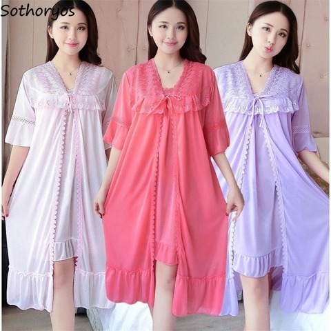 Robe Gown Sets Women 2pcs Solid Ice-silk Trendy Casual Lace Up Home Plus Size 3XL Loose Nightwear Sexy Thin Womens Bathrobe Chic ► Photo 1/6