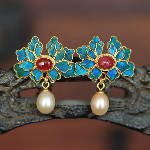 Original designer craft Cloisonne gilt silk Ruby Pearl Earrings Chinese style retro palace unique charm women's silver jewelry ► Photo 1/6