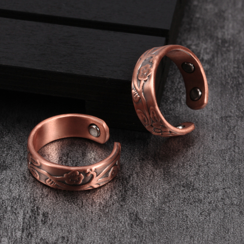 Flower Pure Copper Rings Women Magnetic 6mm Vintage Open Cuff Adjustable Ring Men Wedding Bands Energy Finger Ring for Women Men ► Photo 1/6