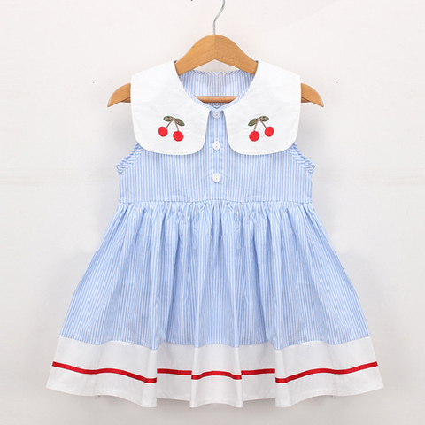 2022 New Summer Embroidery Cherry Turn-down Collar Sleeveless Striped Dress Cotton Infant Princess Dress Toddler Girls Clothes ► Photo 1/6