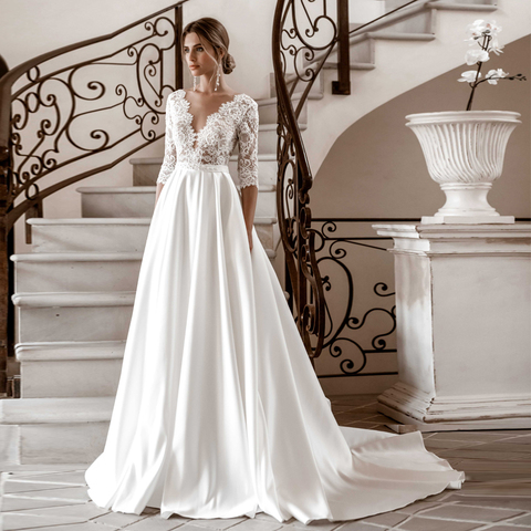 V-Neck Original Lace Applique Bodice Empire Waistline Matte Satin Wedding Dresses Half Sleeves Bridal Gowns ► Photo 1/4