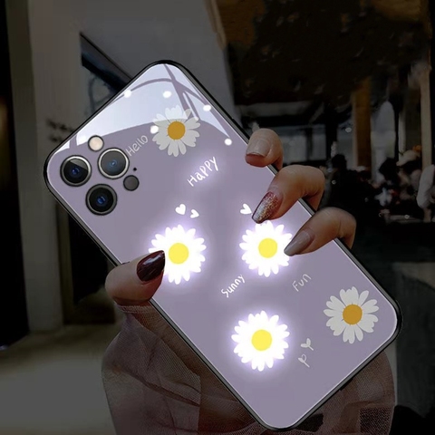 Incoming Light Flash Back Shell Case For iPhone 12 Mini 11 Pro 7 7 8 Plus X XS Max SE Tempered Glass Purple Daisy Flower Cover ► Photo 1/6