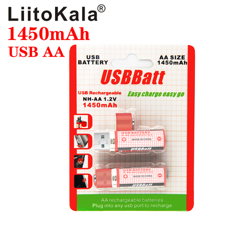2pcs/lot LiitoKala USB Mini AA Battery Nimh AA 1.2V 1450MAH Rechargeable Battery NIMH USB AA 1450 With Colorful Card CE FCC ROHS ► Photo 1/6