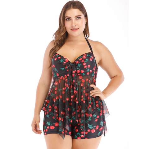 2022 big size tankini set cherry swimwear push up bikinis cherries printed women two pieces swimming suits large swimdress 4XL ► Photo 1/6